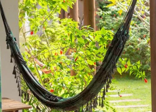 Rede na varanda com vista para o jardim